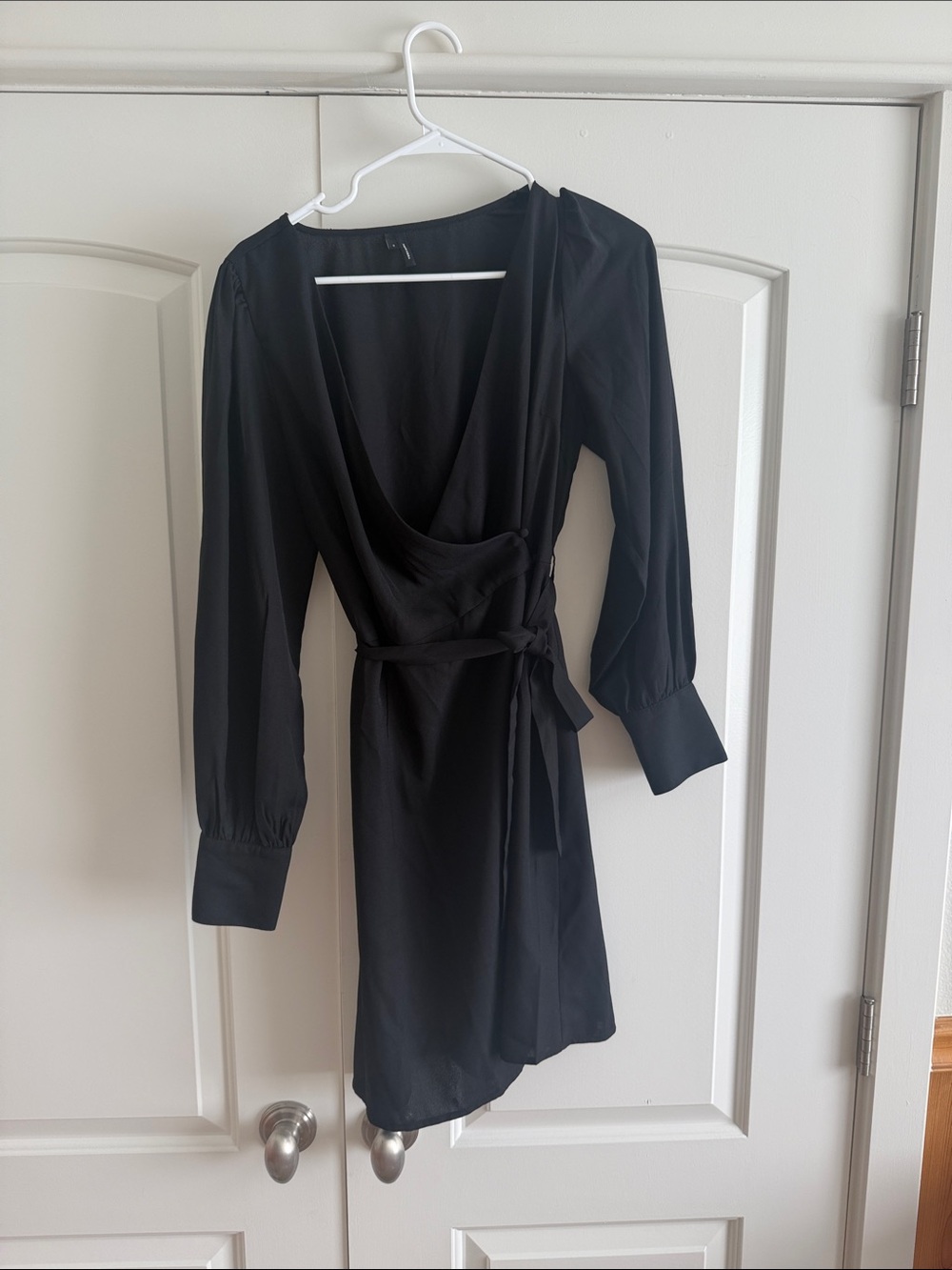 Classic Black Mini Wrap Dress with Long Sleeves Size S
